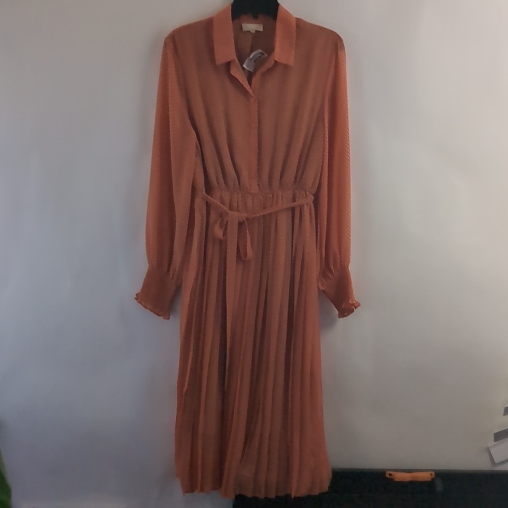 MELLO DAY Women's Orange Half Button Dotted Dress With Belt Size Large